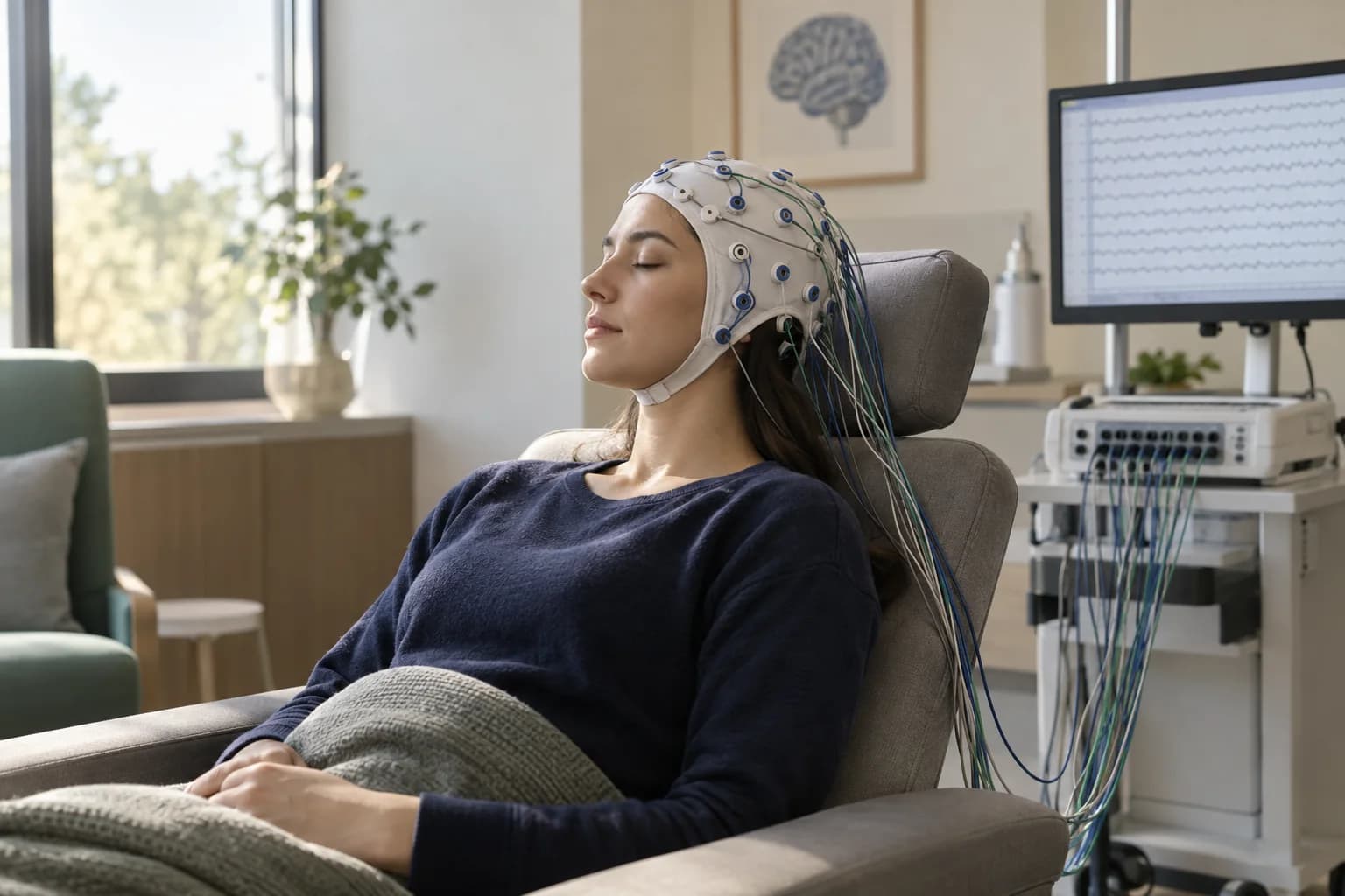 EEG kaydı için elektrot başlığı takılmış, sakin biçimde oturan yetişkin. Yapay zekâ ile üretilmiş temsili görsel.